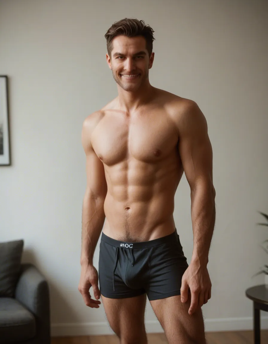 studio quality, sharp focus, solo, presenting, standing, depth of field, 8k uhd photo, hot guy, 21 year old, slim but fit, smirk face, scruffy brown hair, in his boxers, hairy legs, score_9, score_8, candid photo, realistic skin texture, visible skin pores, film grain, depth of field