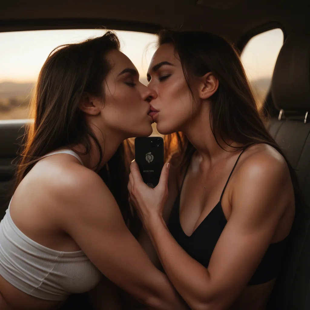 2women, kiss, in car