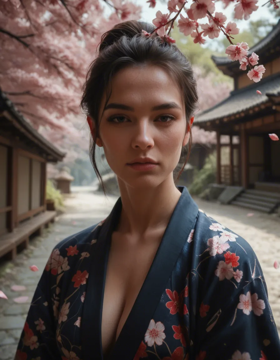 futanari, i am imagining a japanese kimono with cherry blossom petals design your hard cock is sneaking out your kimono, score_9, score_8, candid photo, realistic skin texture, visible skin pores, film grain, depth of field