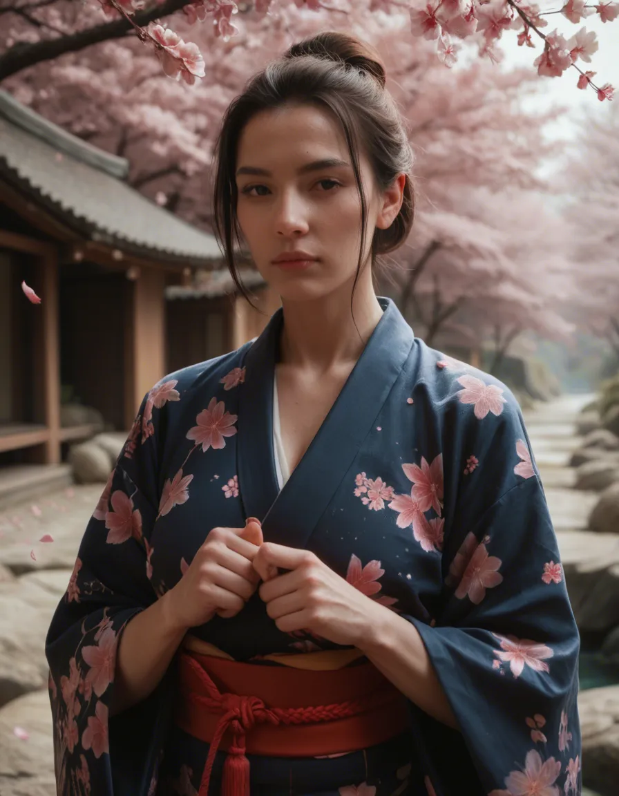 futanari, futanari imagining a japanese kimono with cherry blossom petals design your hard cock is sneaking out your kimono, score_9, score_8, candid photo, realistic skin texture, visible skin pores, film grain, depth of field