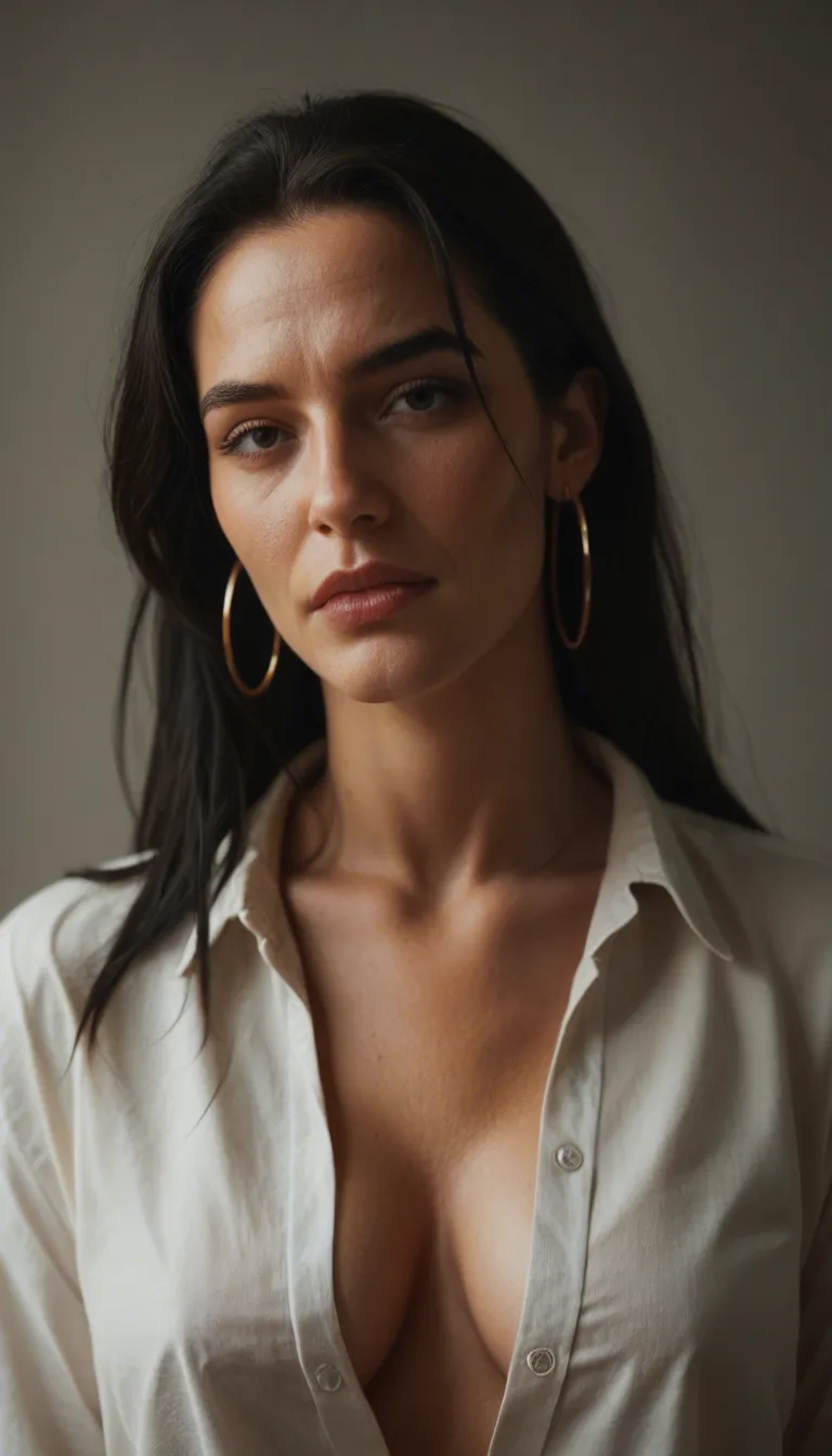 Mature woman about 45 years old with northern European features, long loose black hair, black eyes, hoop earrings, wears an unbuttoned blouse, takes the erect penis of the observer puts it in her mouth and sucks it letting the ejaculates in her mouth and letting a drop of sperm drip from the corner of her mouth