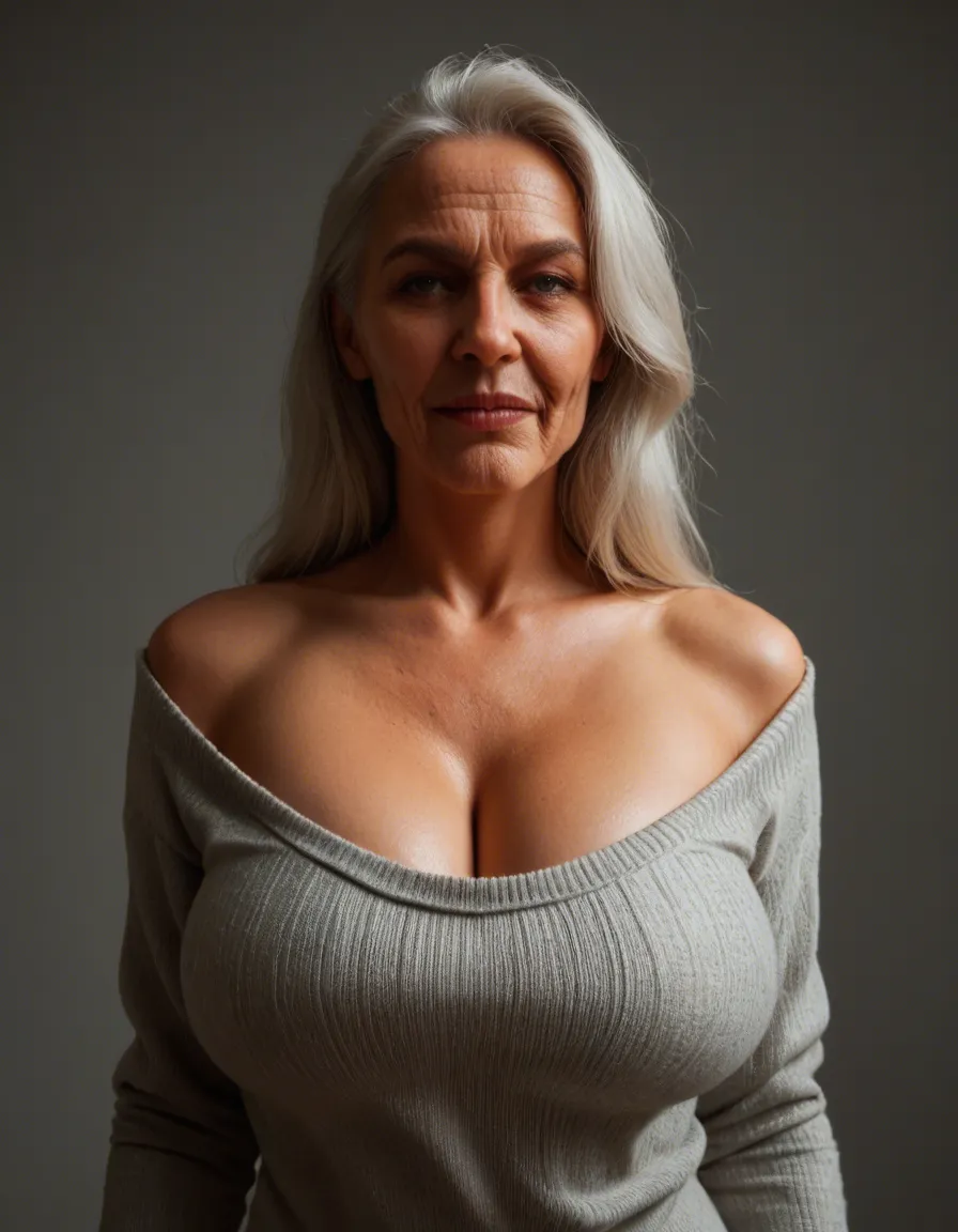 old lady, huge breasts, mohair sweater, smiles to the camera, score_9, score_8, candid photo, realistic skin texture, visible skin pores, film grain, depth of field