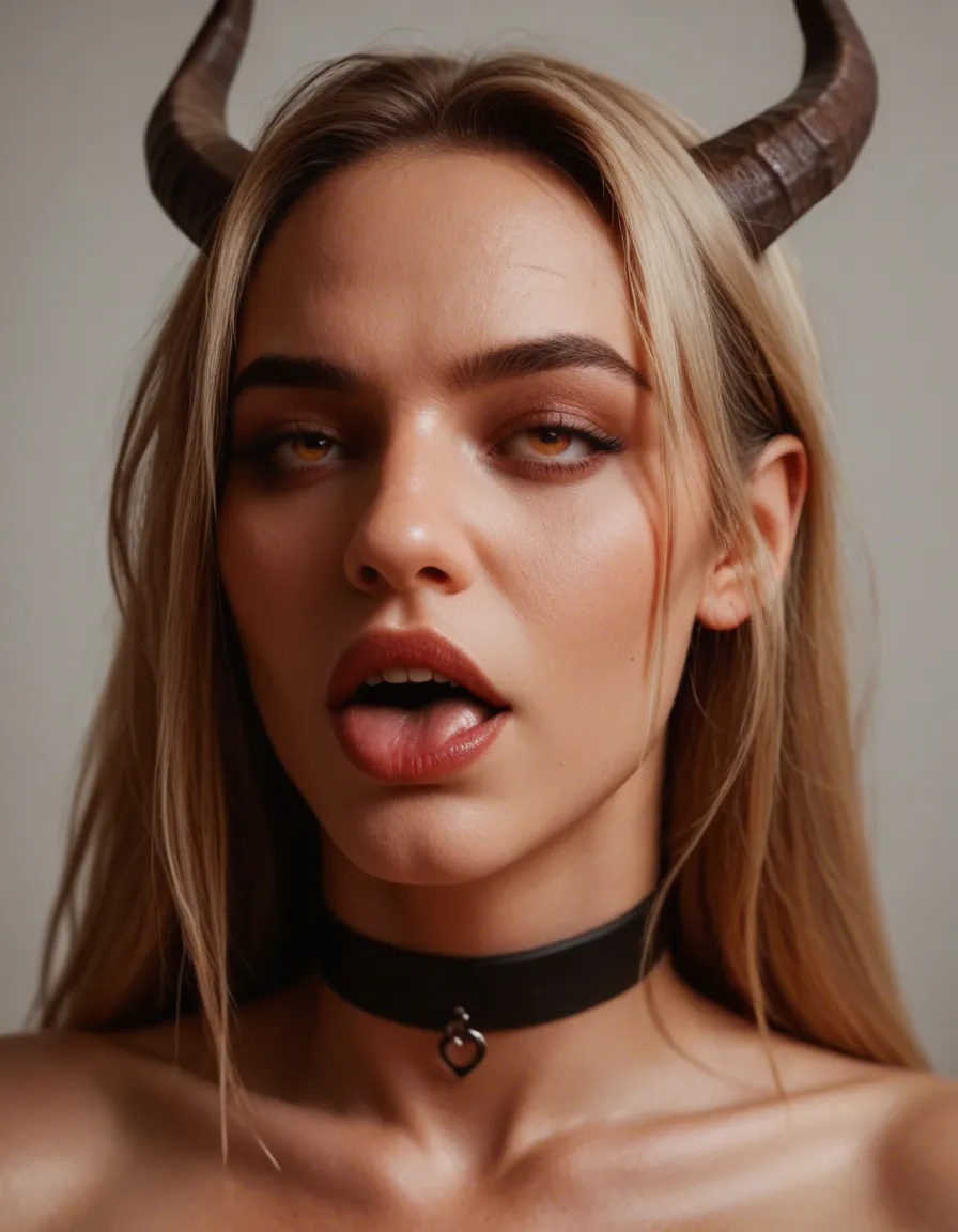 RAW photo, ultra realistic, demon woman, choker, ahegao, cinematic realism, score_9, score_8, candid photo, realistic skin texture, visible skin pores, film grain, depth of field