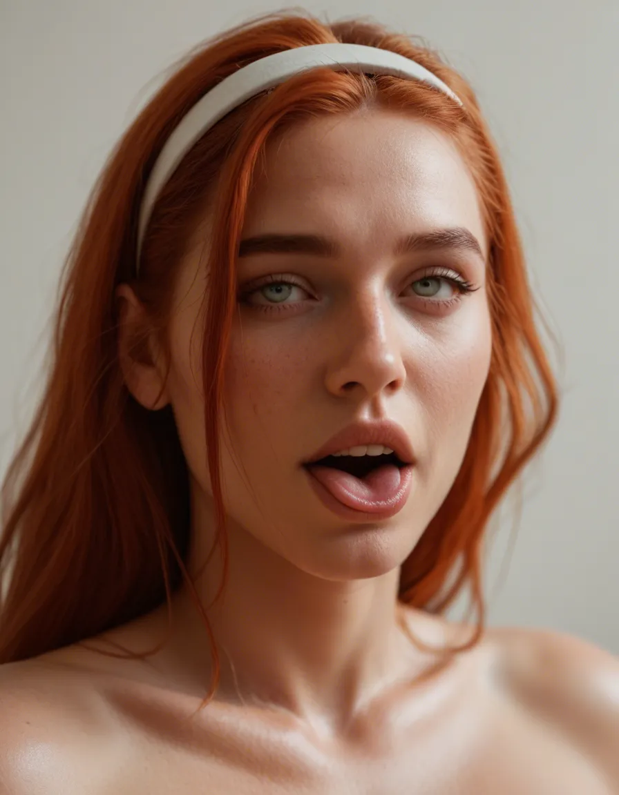 8k, sharp focus, detailed skin, redhead woman, hairband, tail, ahegao, studio lighting, lifelike render, score_9, score_8, candid photo, realistic skin texture, visible skin pores, film grain, depth of field