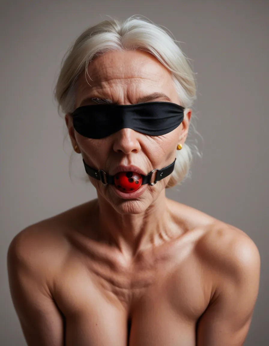 Nude curvy granny hogtied with a large ballgag I. Her mouth and she is blindfolded, score_9, score_8, candid photo, realistic skin texture, visible skin pores, film grain, depth of field