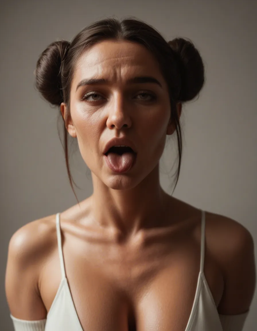 dslr, film grain, photorealistic, milf, double bun, detached sleeves, ahegao, natural skin texture, score_9, score_8, candid photo, realistic skin texture, visible skin pores, film grain, depth of field