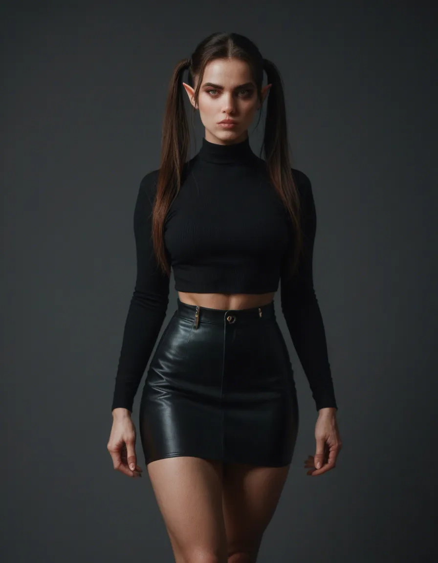 ultra HD, lifelike, elf woman, twintails, black skirt, presenting, RAW photo, score_9, score_8, candid photo, realistic skin texture, visible skin pores, film grain, depth of field