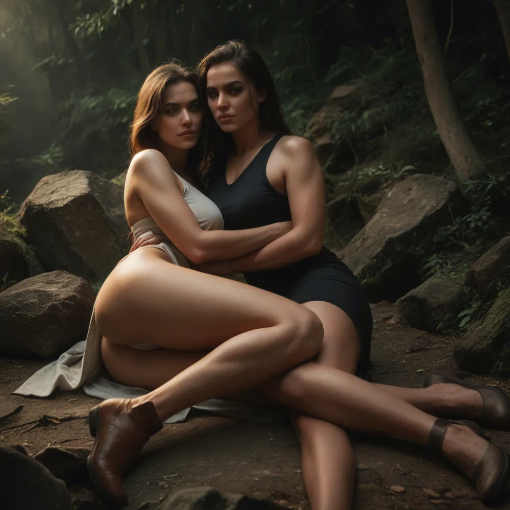 RAW photo, ultra realistic, wide shot, multiple women, spooning, brown footwear, outdoors