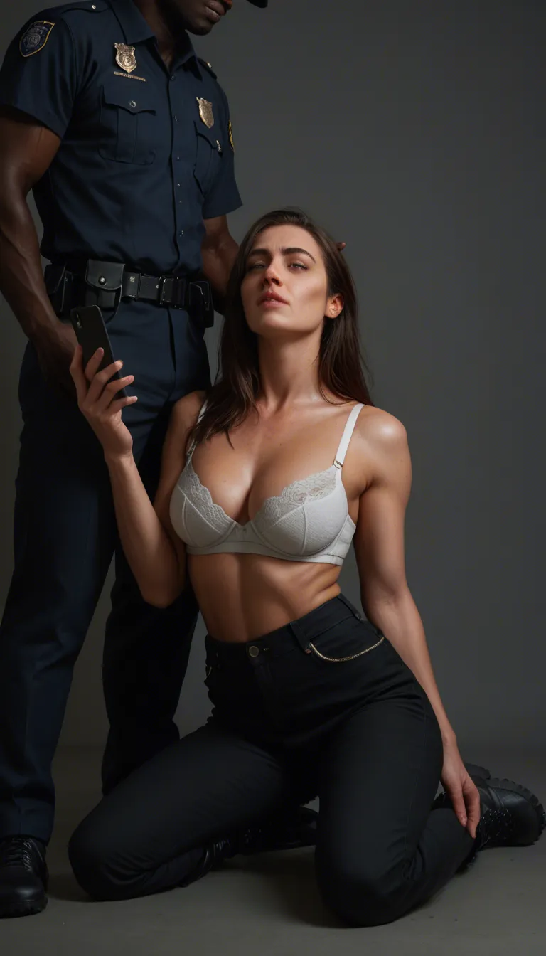 A short athletic brunette mature_female, wearing a police uniform, white bra, black uniform pants, and black utility boots, kneeling, giving an interracial deepthroat blowjob to another police officer with a large penis. He cums on her breasts. Outside, in front of a police car. Backlit, photorealistic, sharp focus.