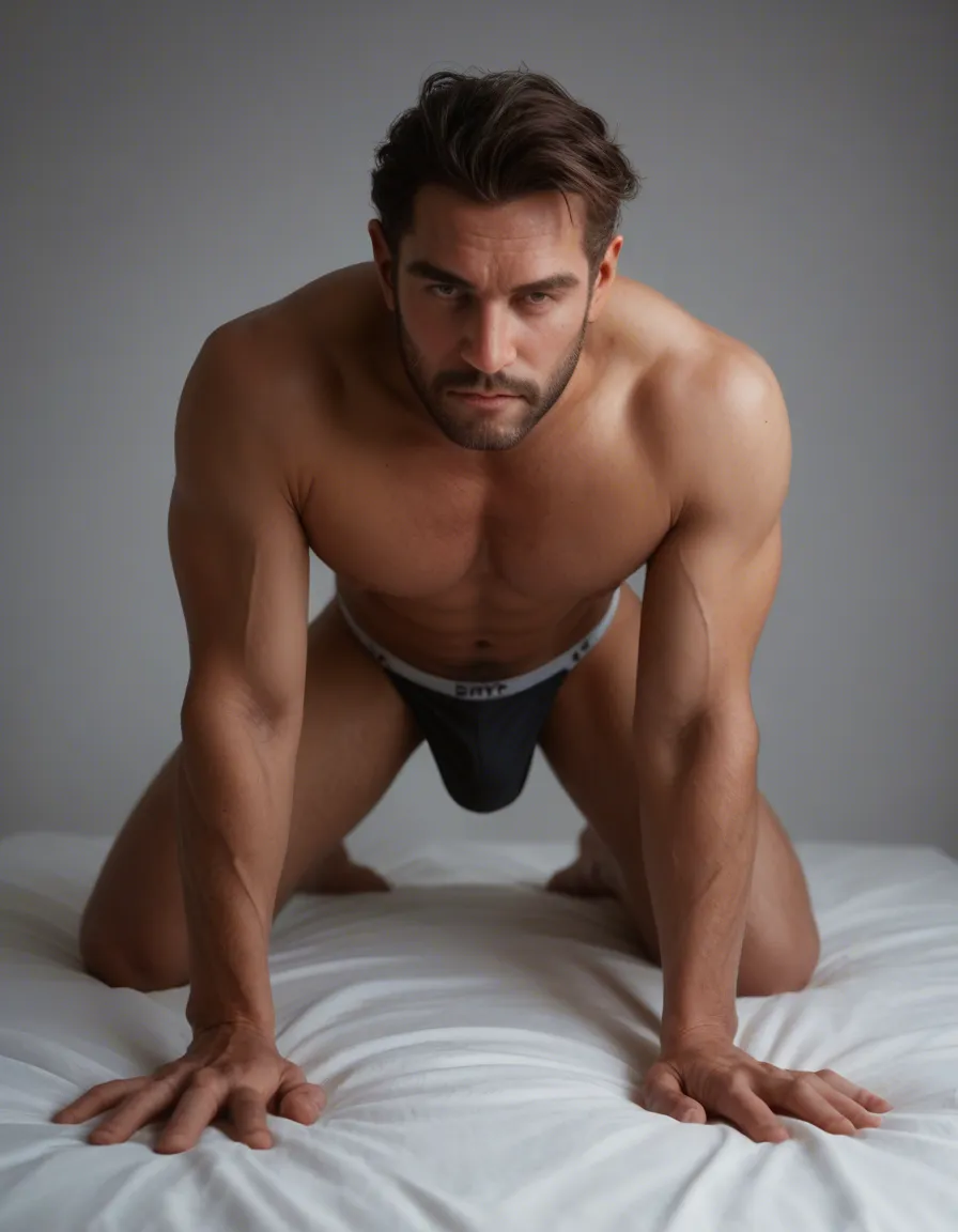 RAW photo, ultra realistic, 1boy, underwear, on all fours, studio photo, score_9, score_8, candid photo, realistic skin texture, visible skin pores, film grain, depth of field