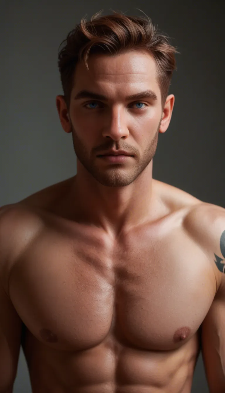 Man 1: A 6’9” tall, with a strong rugby build, with bright blue eyes, with auburn scruff, a tattoo “daddy” inner left bicep, and a 10.5” long and thick pierced cock. 
Man 2: 5’2” tall, a slight runners build body, with emerald green eyes, shoulder length black wavy hair, a small tattoo of Bugs Bunny on his right waist band, a 5” shaved cock locked in a chastity cage.

Male 1 is fucking male 2 in the ass and about to cum