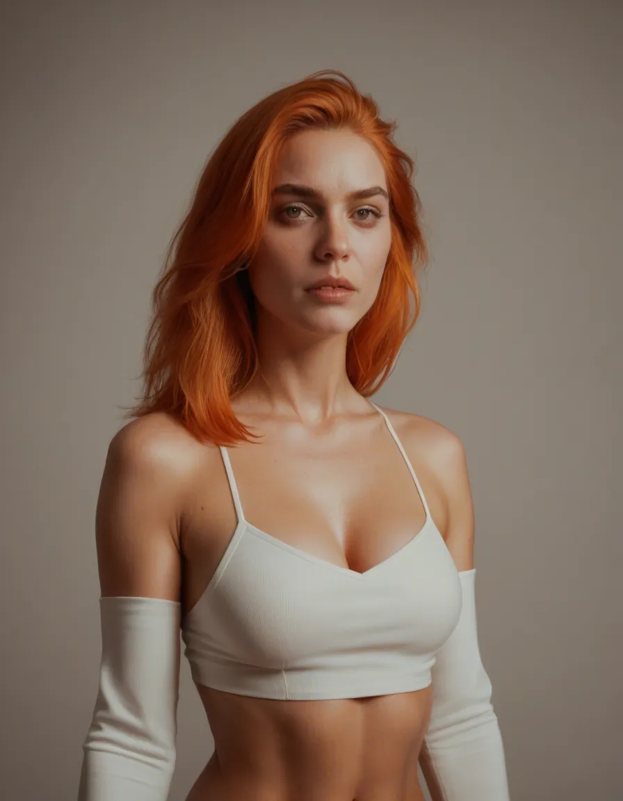dslr, film grain, photorealistic, 1girl, orange hair, detached sleeves, futanari, dslr quality, score_9, score_8, candid photo, realistic skin texture, visible skin pores, film grain, depth of field