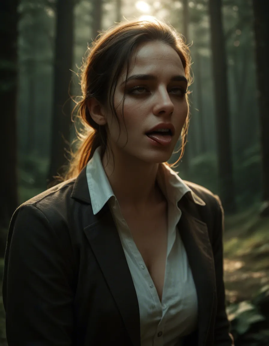 highly detailed, natural lighting, maid, bare arms, jacket, seductive gaze, ahegao, tree, dramatic lighting, cinematic realism, score_9, score_8, candid photo, realistic skin texture, visible skin pores, film grain, depth of field