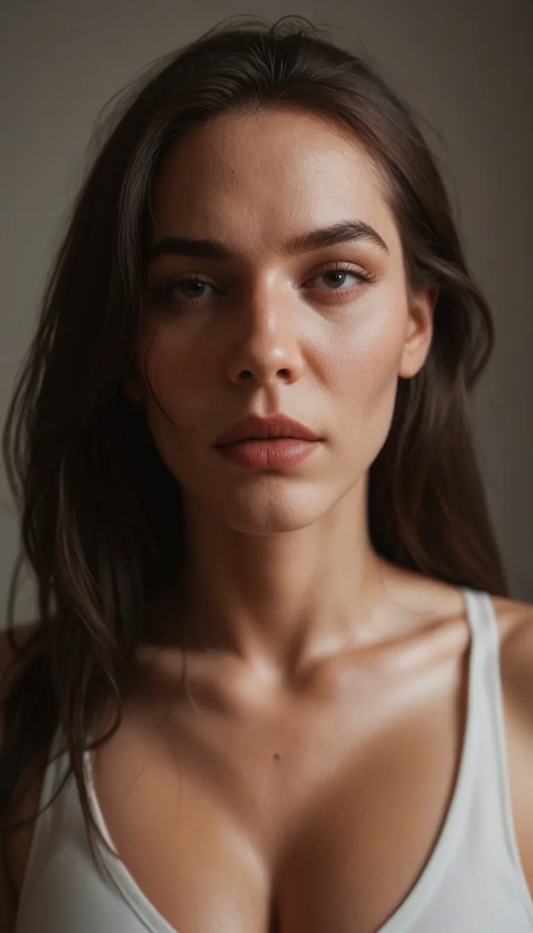 A frontal first-person view from bottom to up of a mature british woman about 45 years old, small expression lines around her big black eyes, long loose black hair, silver hoop earrings, she wears an unbuttoned blouse, slender but shapely body, abundant breasts, sitting above the observer, leaning forward and clutching the erect penis of the observer with her hands who ejaculates several times, squirting the woman's hair and breasts with sperm