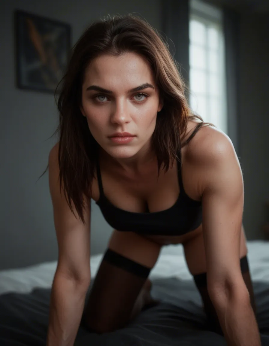 best quality, hyperrealistic, medium shot, solo focus, on all fours, black thighhighs, blurry background, wild energy, RAW photo, score_9, score_8, candid photo, realistic skin texture, visible skin pores, film grain, depth of field