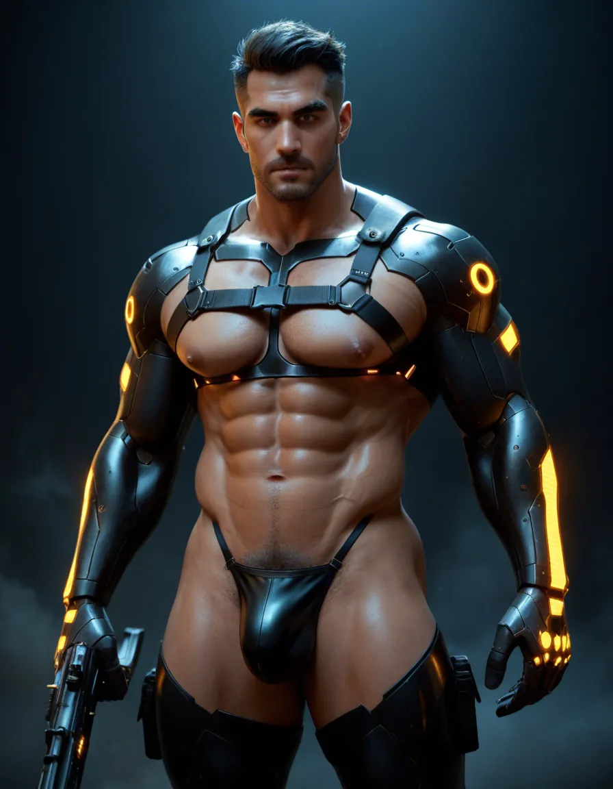 1boy, male focus, bara, muscular, large pectorals, puffy nipples, holding futuristic rifle, aiming, glowing cybernetic harness, glowing mechanical skin seam, short hair, black hair, cyberpunk leg armor, thick eyebrows, mechanical gloves, black latex thong, pubic hair, bulge, fog, scifi, fantasy, cinematic, dynamic pose, dynamic angle, epic, skimpy, serious expression, realistic, photorealistic, very awa, masterpiece, best quality, detailed background, ultra-detailed, very aesthetic, score_9, score_8, candid photo, realistic skin texture, visible skin pores, film grain, depth of field