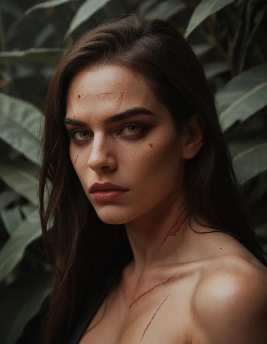 studio quality, sharp focus, succubus, presenting, scar, plant, dominant stare, RAW photo, score_9, score_8, candid photo, realistic skin texture, visible skin pores, film grain, depth of field