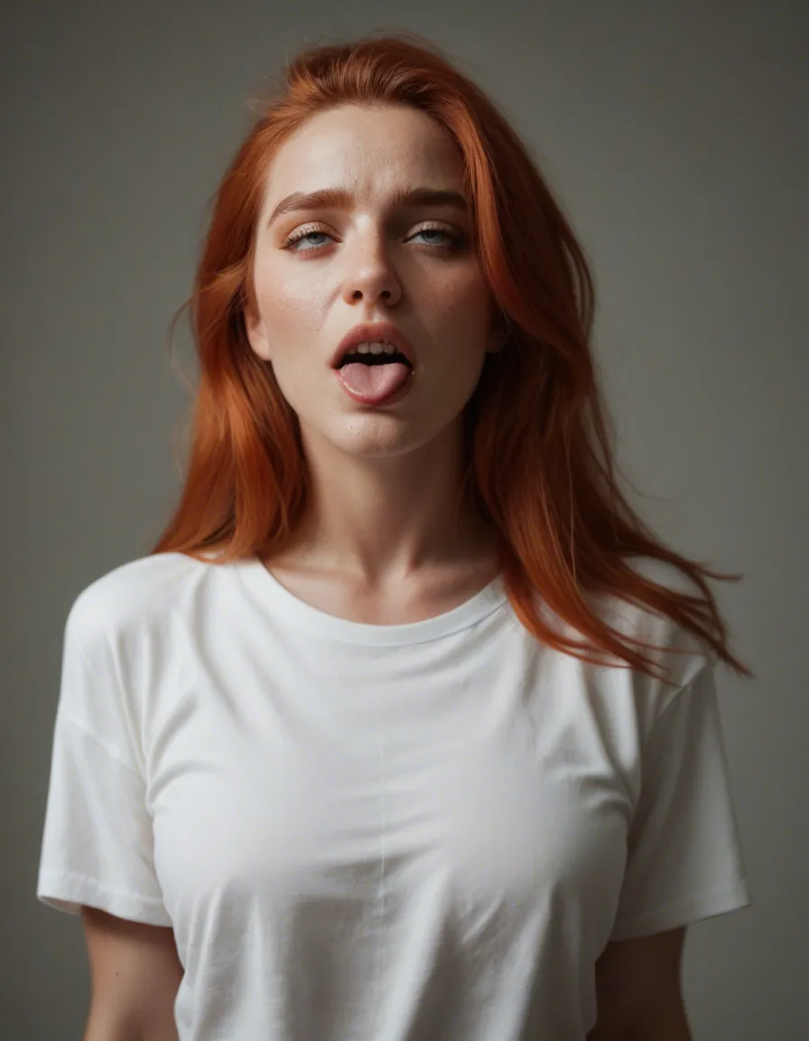 studio quality, sharp focus, redhead woman, white shirt, ahegao, RAW photo, score_9, score_8, candid photo, realistic skin texture, visible skin pores, film grain, depth of field