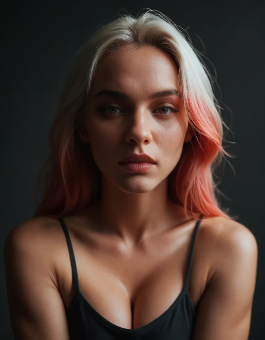 1girl, solo, egirl style, colored hair, score_9, score_8, candid photo, realistic skin texture, visible skin pores, film grain, depth of field