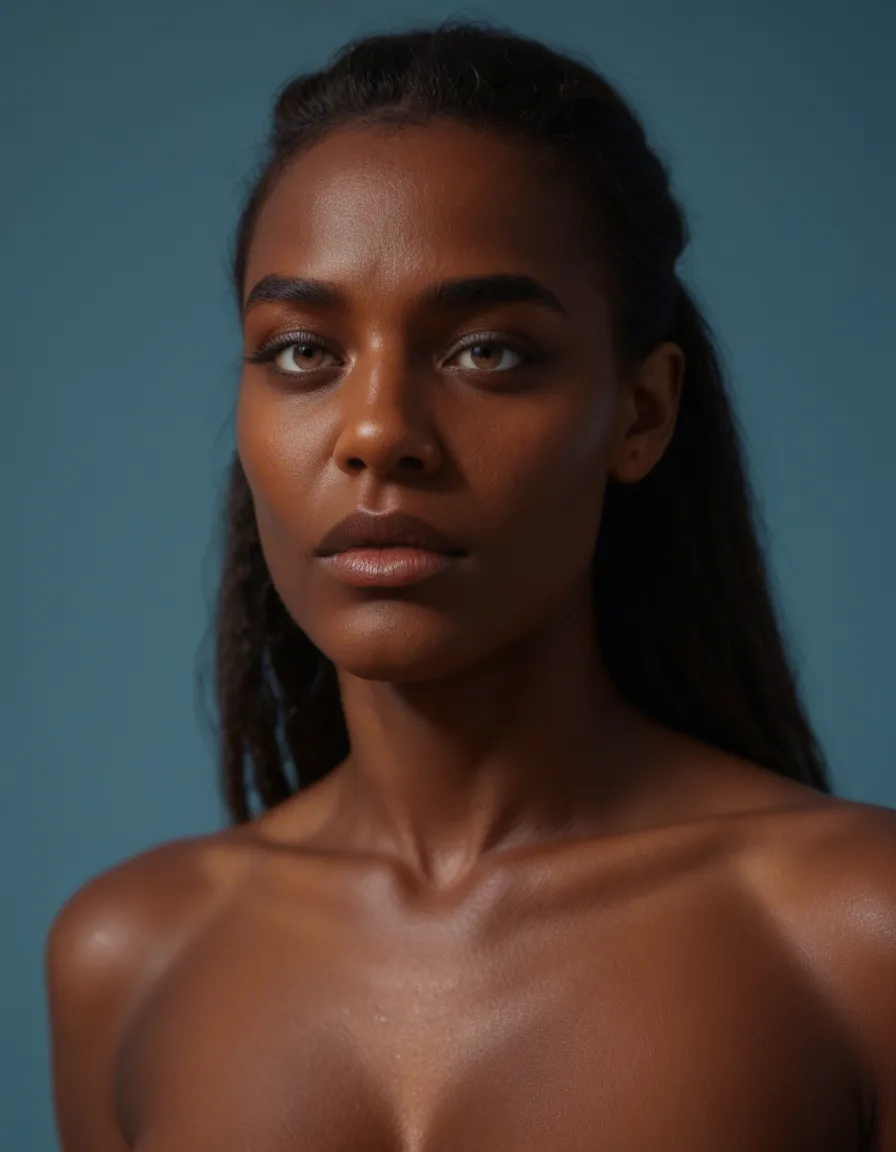 best quality, hyperrealistic, medium shot, 1woman, bondage, dark-skinned female, blue background, lustful eyes, natural skin texture nude, score_9, score_8, candid photo, realistic skin texture, visible skin pores, film grain, depth of field