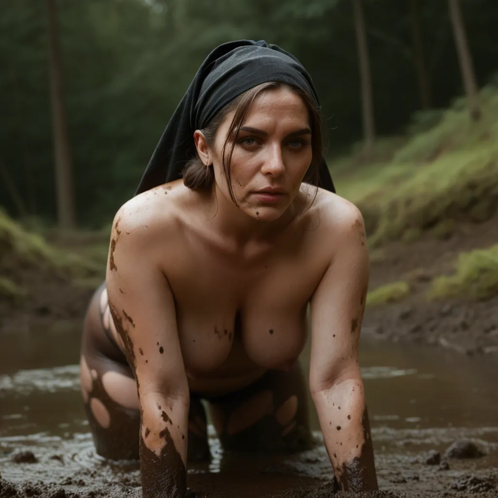 ultraorthodox chubby Jewish woman, hair wrapped by silk black headscarf, milf, ripped pantyhose, big hanging tits, covered by mud, mud all over her body, having group sex with two men, masculine man is fucking her doggystyle, anal, fucked in ass, big cock, thick cock, deep throat, fellatio, threesome, rain, deep liquid sticky mud, muddy field, <l