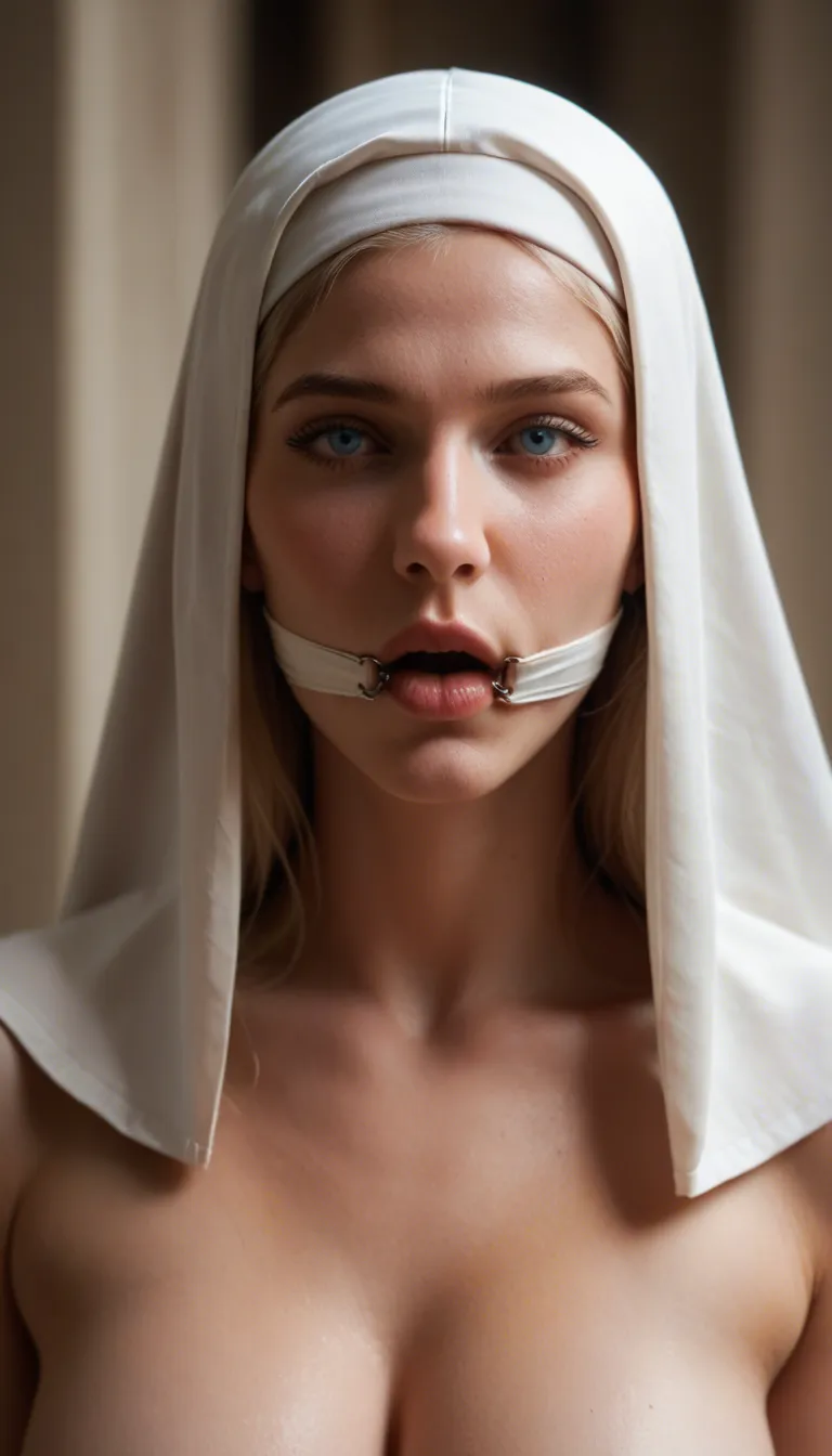 beautiful pale blonde nun with blue eyes and a white veil is naked, tied up and ball-gagged: her body writhing in a slow, sexual gyrating motion, breasts bouncing through ropes around her chest, arms tied behind her back. she is releasing drool from her tight ball-gag, and is standing: feet and ankles tied together by ropes as she is hogtied, toes twitching as she is fucked and fondled by a goblin while squirting from her cunt