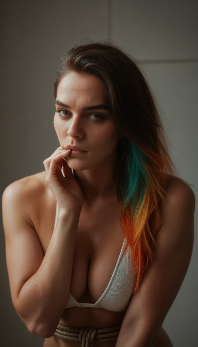 best quality, hyperrealistic, solo, multicolored hair, food, bondage, 8k uhd photo, score_9, score_8, candid photo, realistic skin texture, visible skin pores, film grain, depth of field
