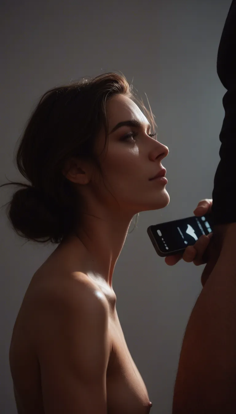 a cinematic scene with a woman in the frame, a man enters from the side, only his lower body is visible, side view of his hips, thighs and legs, with a gigantic erected penis with testicles appears and she starts engaging in a deepthroat blowjob with that penis. She swallows the entire penis, her nose smashes agains the man's hips. She moves her head back and fort swallowing the penis, realistic proportions, natural lighting, cinematic composition