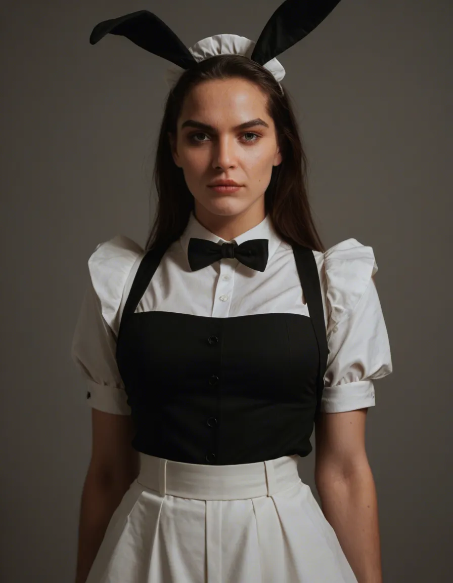 professional photo, high detail, maid, presenting, fake animal ears, dreamy atmosphere, film photography, score_9, score_8, candid photo, realistic skin texture, visible skin pores, film grain, depth of field