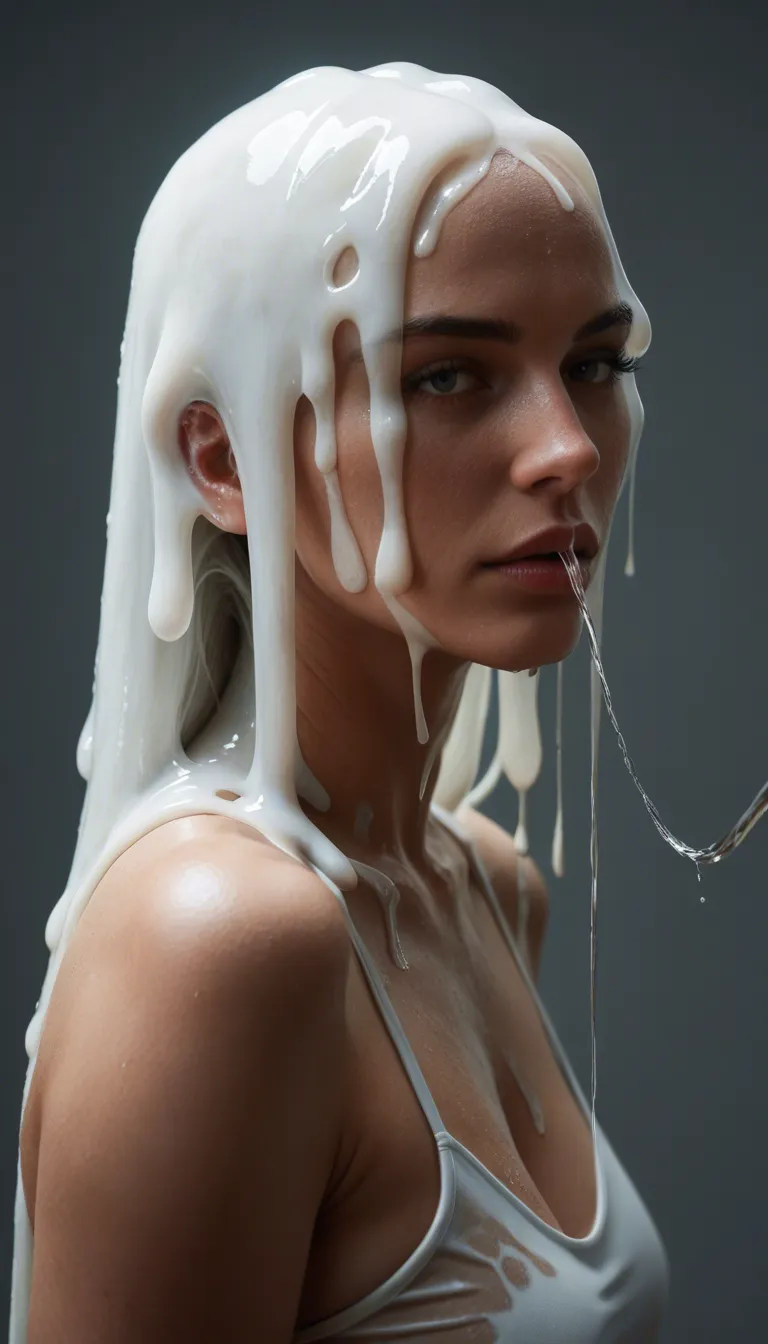 white slime is pouring from the top onto the woman . The wall is covered in white slime