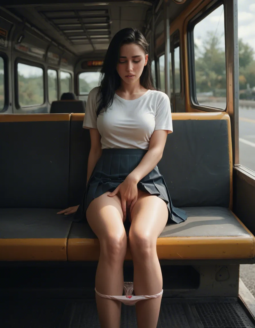 futanari, woman 30 years old long black hair, cute heart shaped face, blue eyes, orgasm, facing_away . Sitting on bus across walkway, legs_together ,panties down . Wearing pleated_dress , panties down, fingering , masturbation female_masturbation, score_9, score_8, candid photo, realistic skin texture, visible skin pores, film grain, depth of field