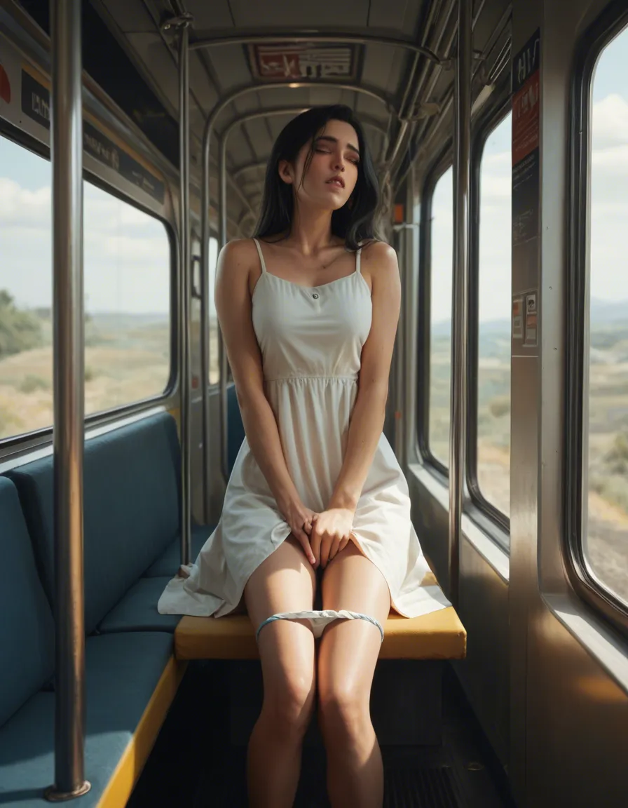 woman 30 years old long black hair, cute heart shaped face, blue eyes, orgasm, facing_away . Sitting on train across walkway, legs_together ,panties down . Wearing sundress , panties down, , masturbation female_masturbation,, score_9, score_8, candid photo, realistic skin texture, visible skin pores, film grain, depth of field