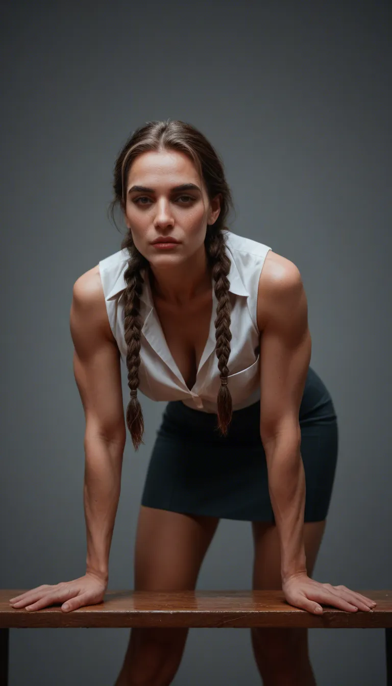 professional photo, high detail, fitness model, twin braids, skirt, bent over, lifelike render