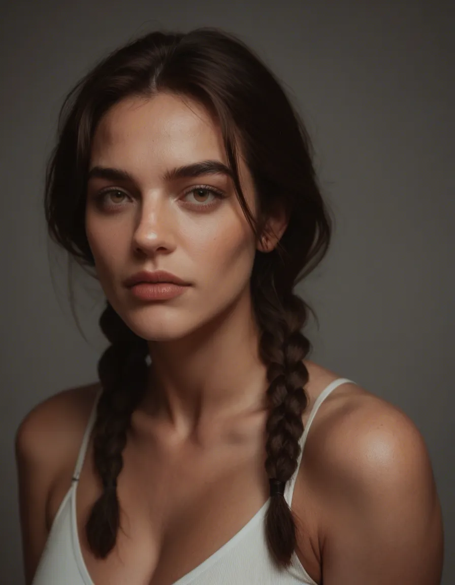 dslr, film grain, photorealistic, brunette woman, twin braids, jewelry, futanari, cinematic realism, score_9, score_8, candid photo, realistic skin texture, visible skin pores, film grain, depth of field