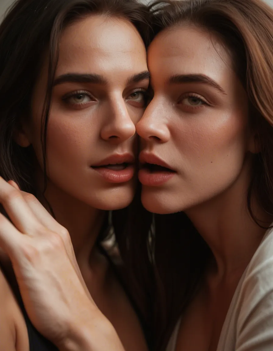 cinematic photo, 8k, close-up, 2women, ahegao, holding hands, tender moment, cinematic realism, score_9, score_8, candid photo, realistic skin texture, visible skin pores, film grain, depth of field