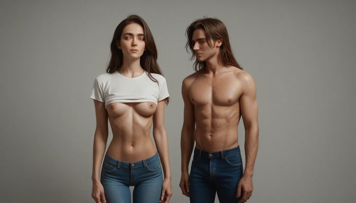1woman, 29 years, white bikini, topless, hard nipples, regular boobs, brown long hair, curl hair, arched back, standing, no blue jeans.

1 boy, 29 years, brown long hair, narrow waist, slim, clothed, blue t-shirt, blue jeans, standing.

passionate kissing, bedroom scene, backlighting, dramatic light, orange theme, score_9, score_8, cinematic film still, anamorphic, film grain, dramatic lighting, shallow depth of field