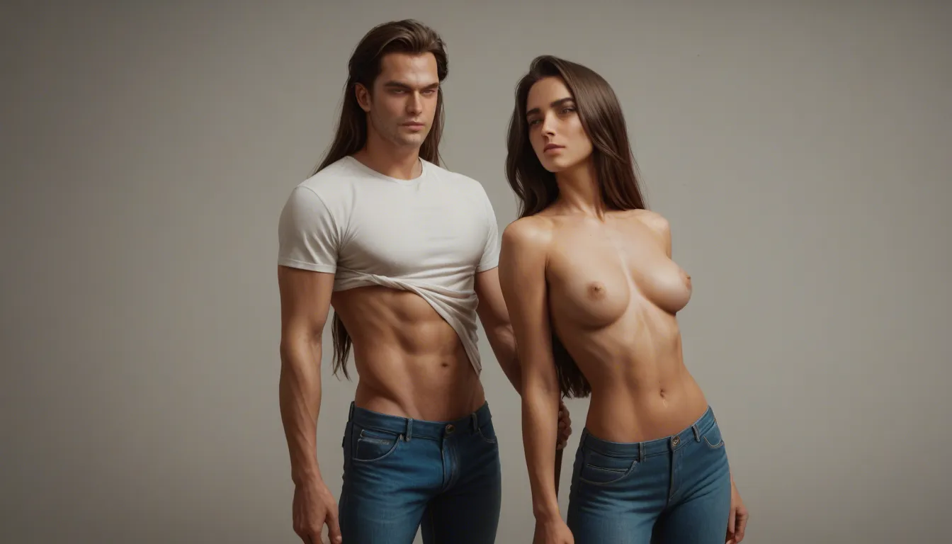 1woman, 29 years, white bikini, topless, hard nipples, regular boobs, brown long hair, curl hair, arched back, standing. 1 boy, 29 years, brown long hair, narrow waist, slim, clothed, blue t-shirt, blue jeans, standing. passionate kissing each other, bedroom scene, backlighting, dramatic light, orange theme, score_9, score_8, cinematic film still, anamorphic, film grain, dramatic lighting, shallow depth of field