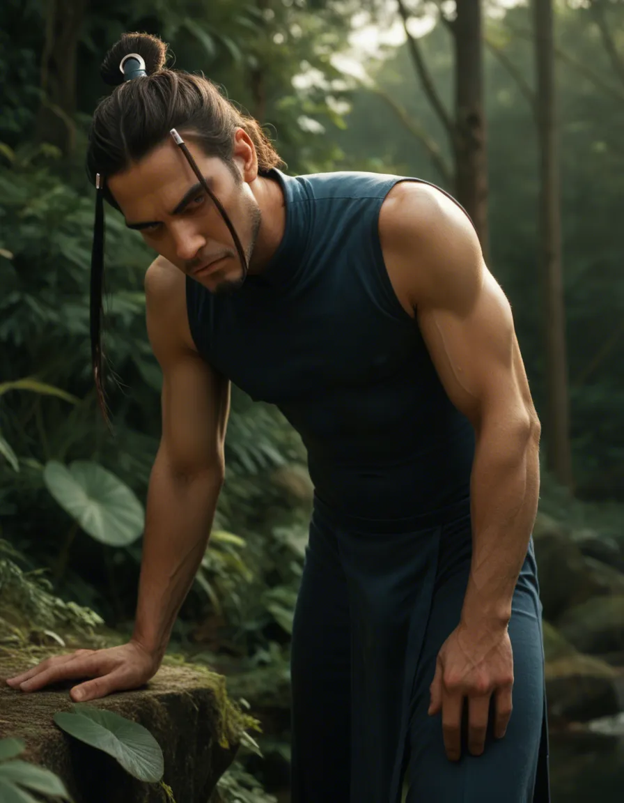 highly detailed, natural lighting, male focus, bent over, covered navel, plant, RAW photo, Katara avatar the last airbender, score_9, score_8, candid photo, realistic skin texture, visible skin pores, film grain, depth of field