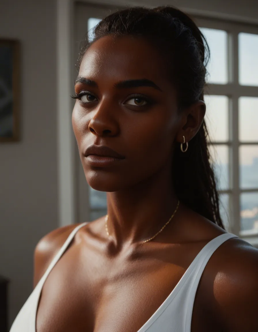professional photo, high detail, solo focus, fully nude, dark skin, window, tender moment, 8k uhd photo, score_9, score_8, candid photo, realistic skin texture, visible skin pores, film grain, depth of field