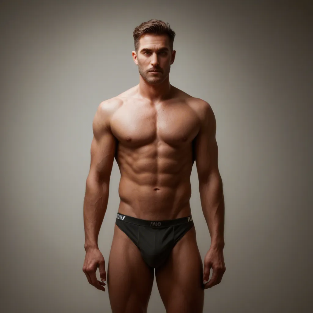 RAW photo, ultra realistic, 1boy, standing, underwear, topless, day, three-quarter view, studio lighting, lifelike render