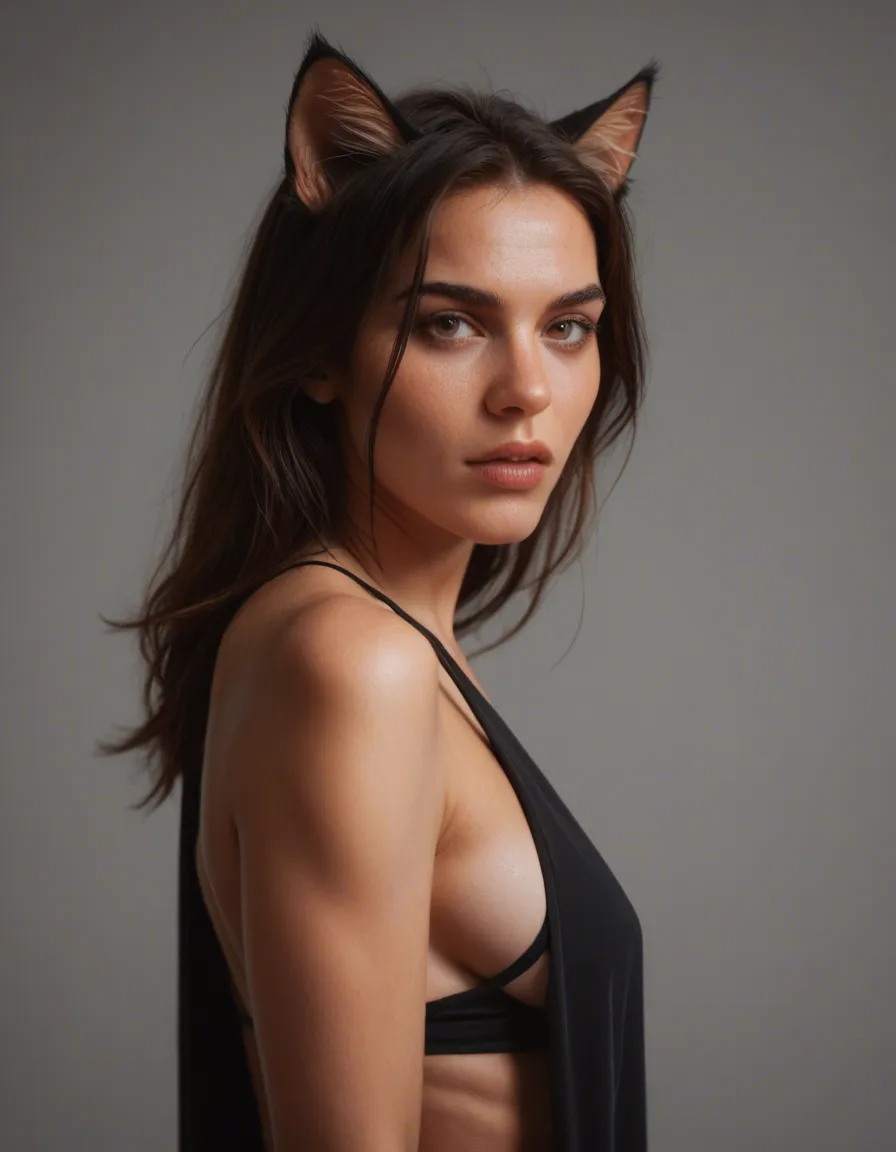 Hot cat ears and tail woman with joint in the mouth, score_9, score_8, candid photo, realistic skin texture, visible skin pores, film grain, depth of field