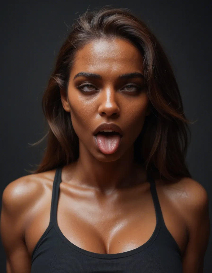 best quality, hyperrealistic, fitness model, ahegao, dark-skinned multiple_women, score_9, score_8, candid photo, realistic skin texture, visible skin pores, film grain, depth of field