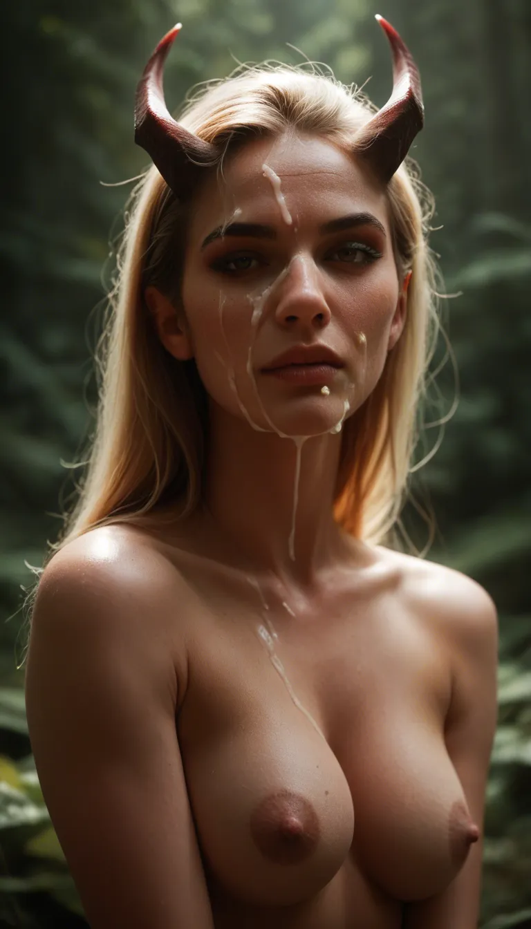 highly detailed, natural lighting, succubus, cum on face, bare arms, cinematic realism