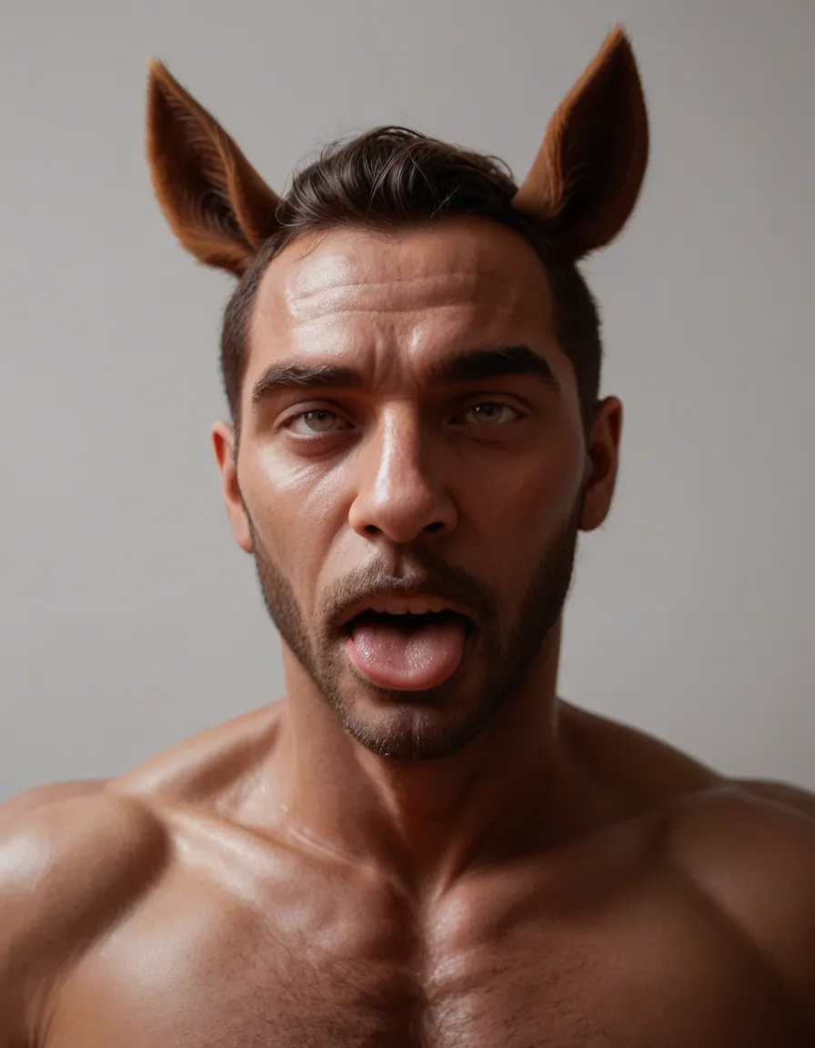 8k, sharp focus, detailed skin, male focus, ahegao, horse ears, wild energy, lifelike render, score_9, score_8, candid photo, realistic skin texture, visible skin pores, film grain, depth of field