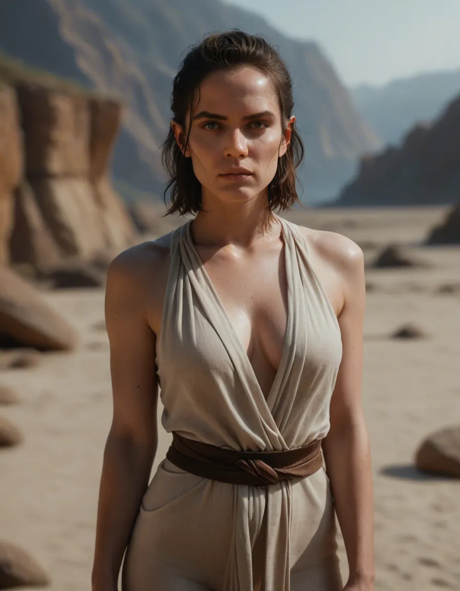 cinematic 8K, blurry background, photorealistic Rey skywalker completely undreesed, score_9, score_8, candid photo, realistic skin texture, visible skin pores, film grain, depth of field