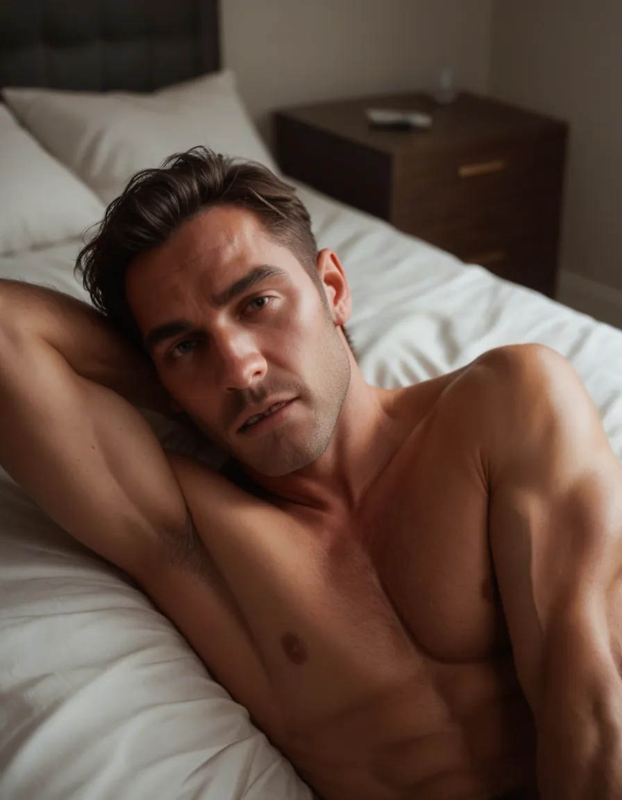 Rimjob on a man lying in bed., score_9, score_8, candid photo, realistic skin texture, visible skin pores, film grain, depth of field