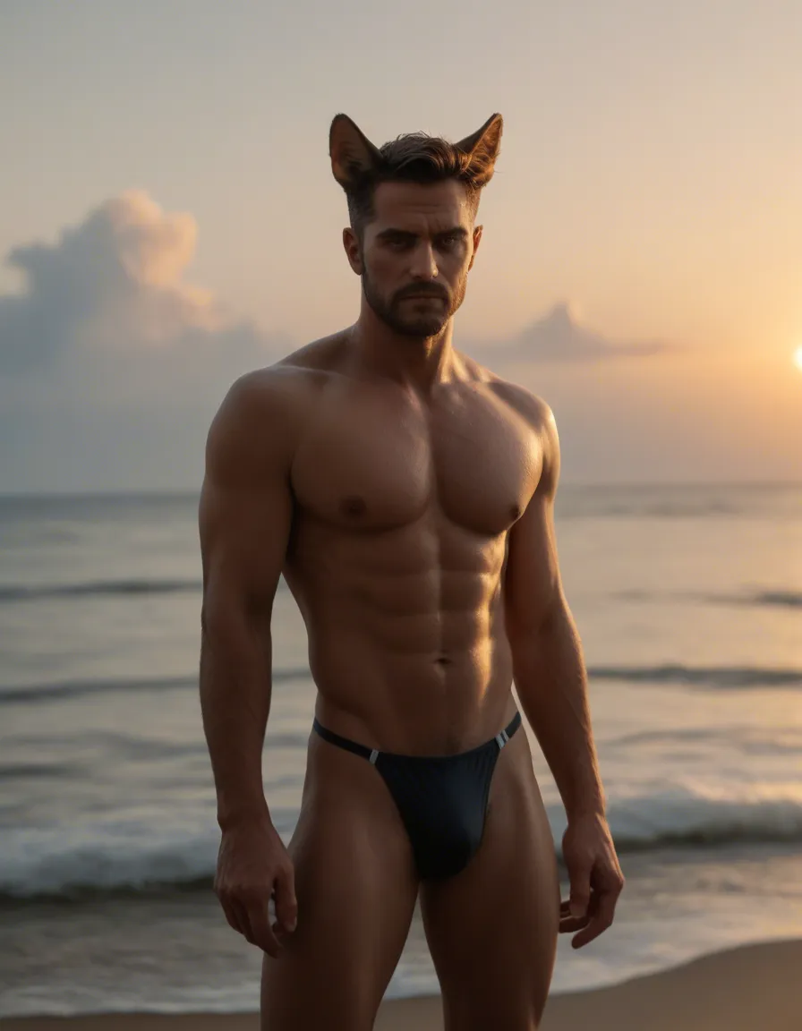 RAW photo, ultra realistic, male focus, animal ears, swimsuit, bondage, cloudy sky, three-quarter view, studio photo, score_9, score_8, cinematic film still, anamorphic, film grain, dramatic lighting, shallow depth of field