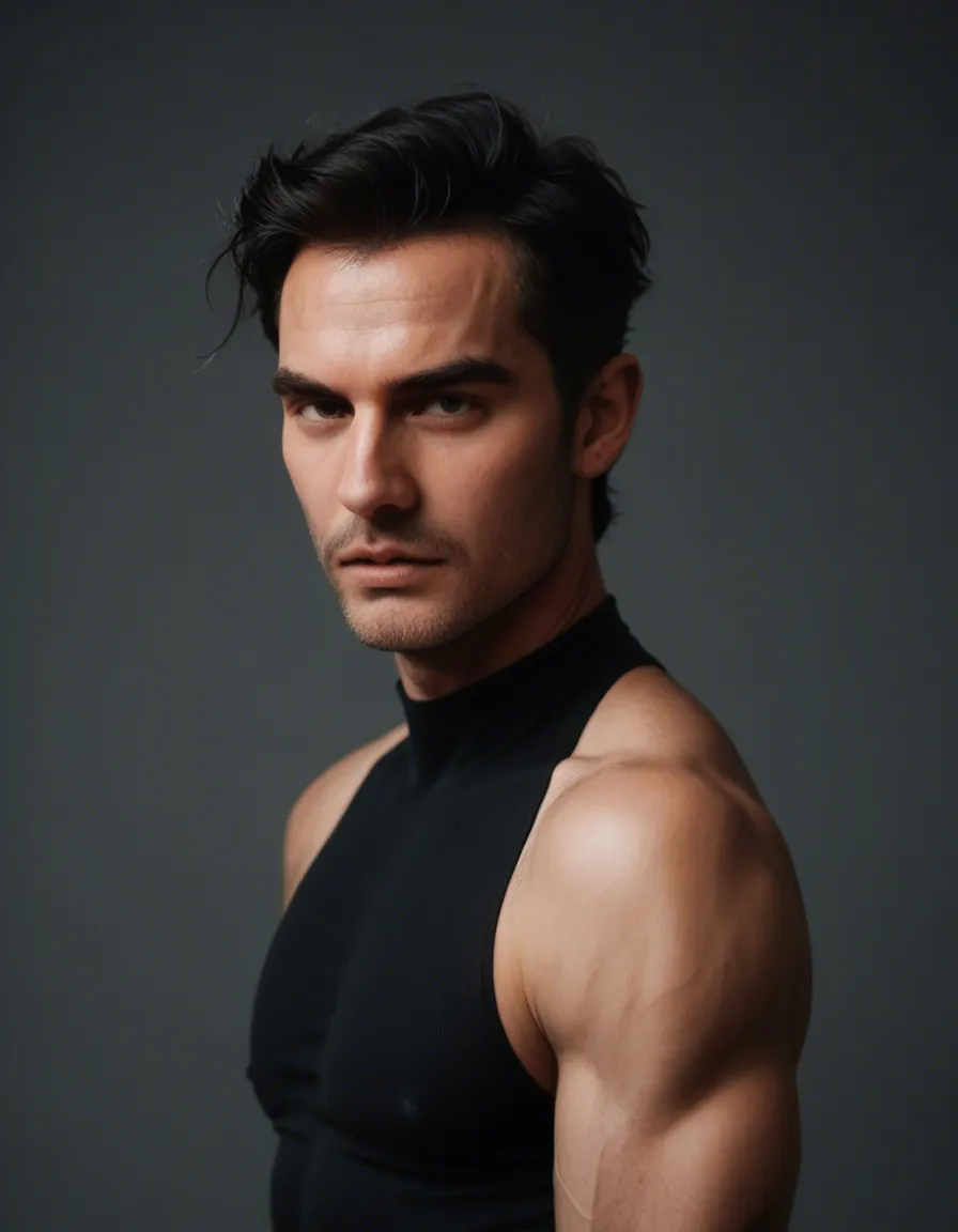 cinematic photo, 8k, male focus, black hair, elbow gloves, presenting, warm tones, photorealistic, score_9, score_8, candid photo, realistic skin texture, visible skin pores, film grain, depth of field