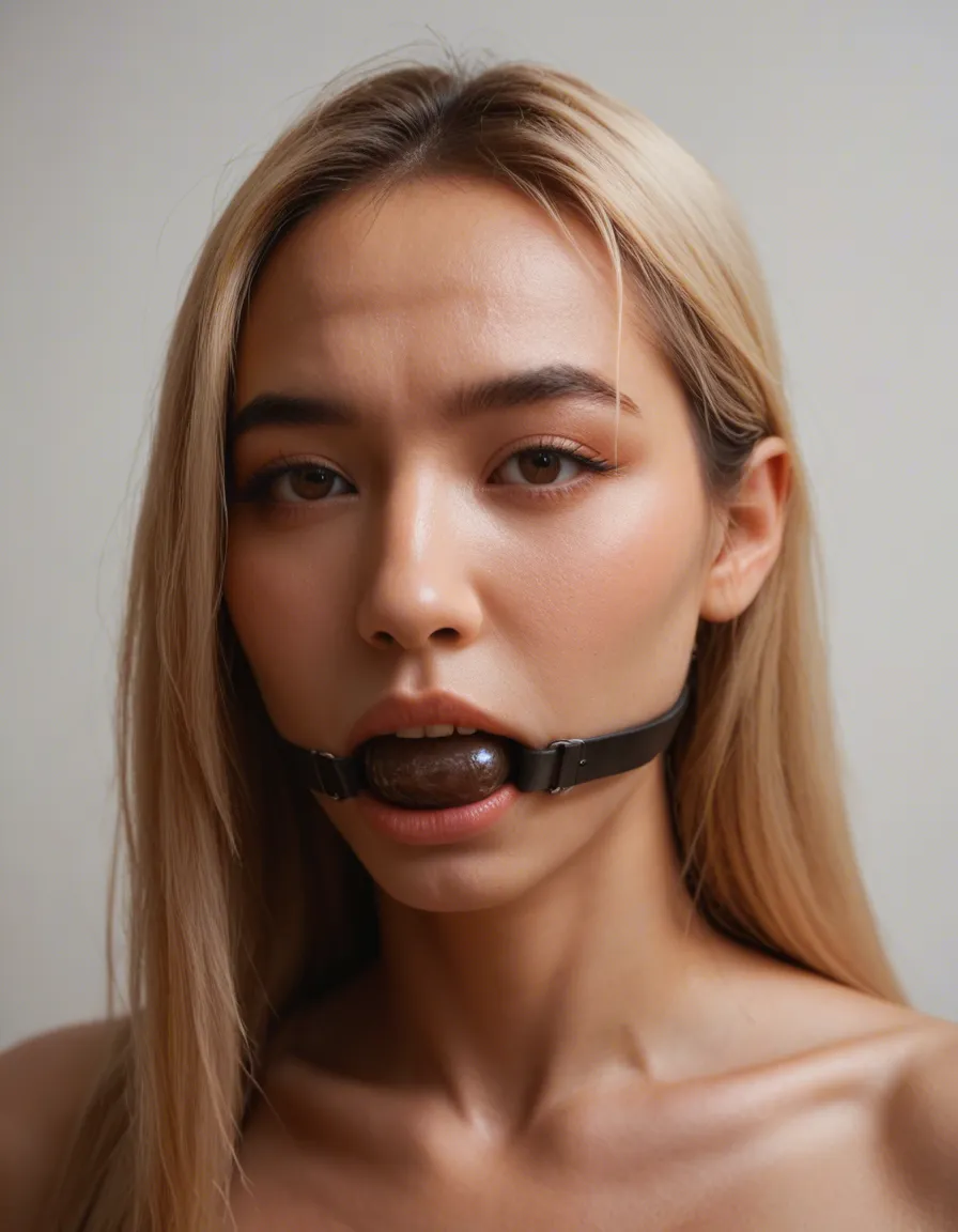 sharp focus, 8k uhd, solo,  RAW photo, asian with very chinese thin eyes, blonde with straight flat long hair, gagging on a very thick and large brown dildo, score_9, score_8, candid photo, realistic skin texture, visible skin pores, film grain, depth of field