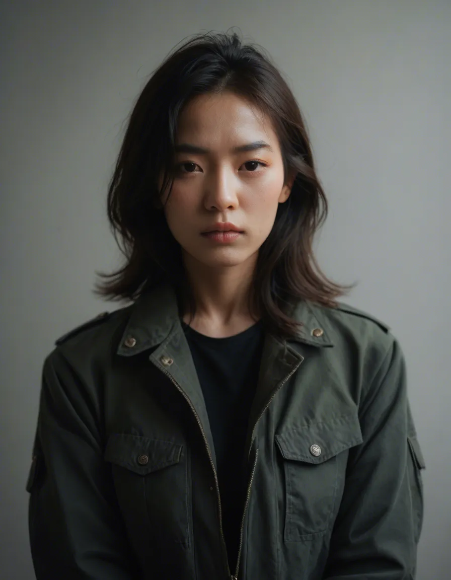 shy asian with tit showing a bit under jacket, score_9, score_8, candid photo, realistic skin texture, visible skin pores, film grain, depth of field